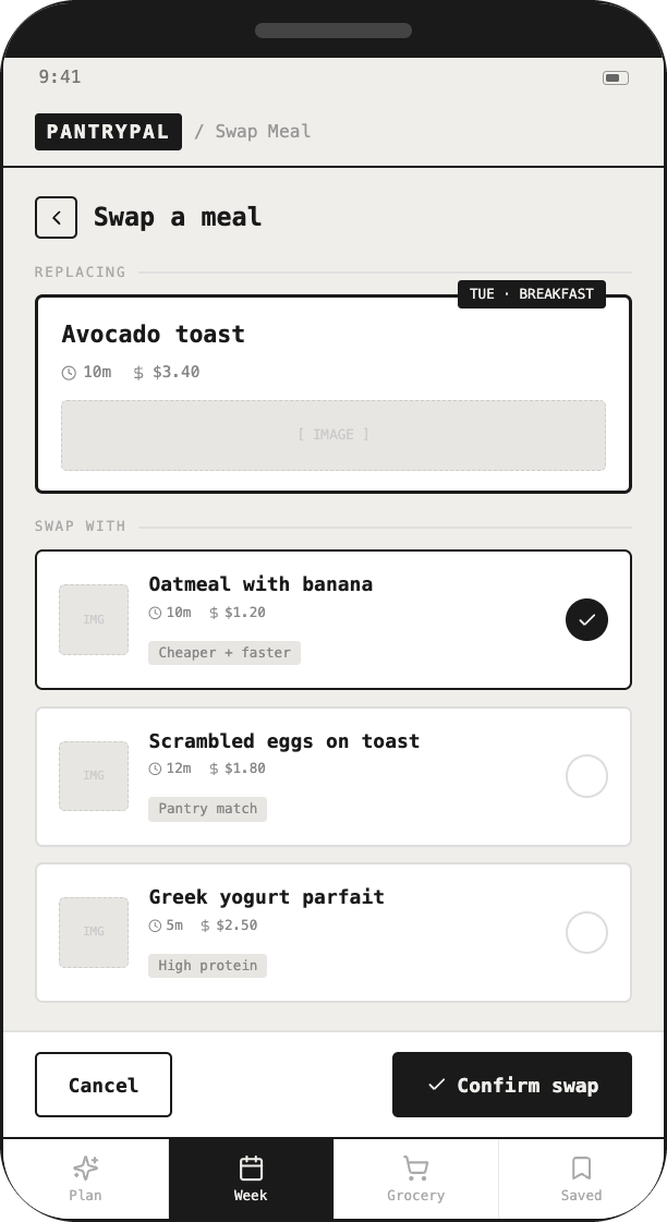 Swap a meal wireframe detail: One-tap meal swapping
