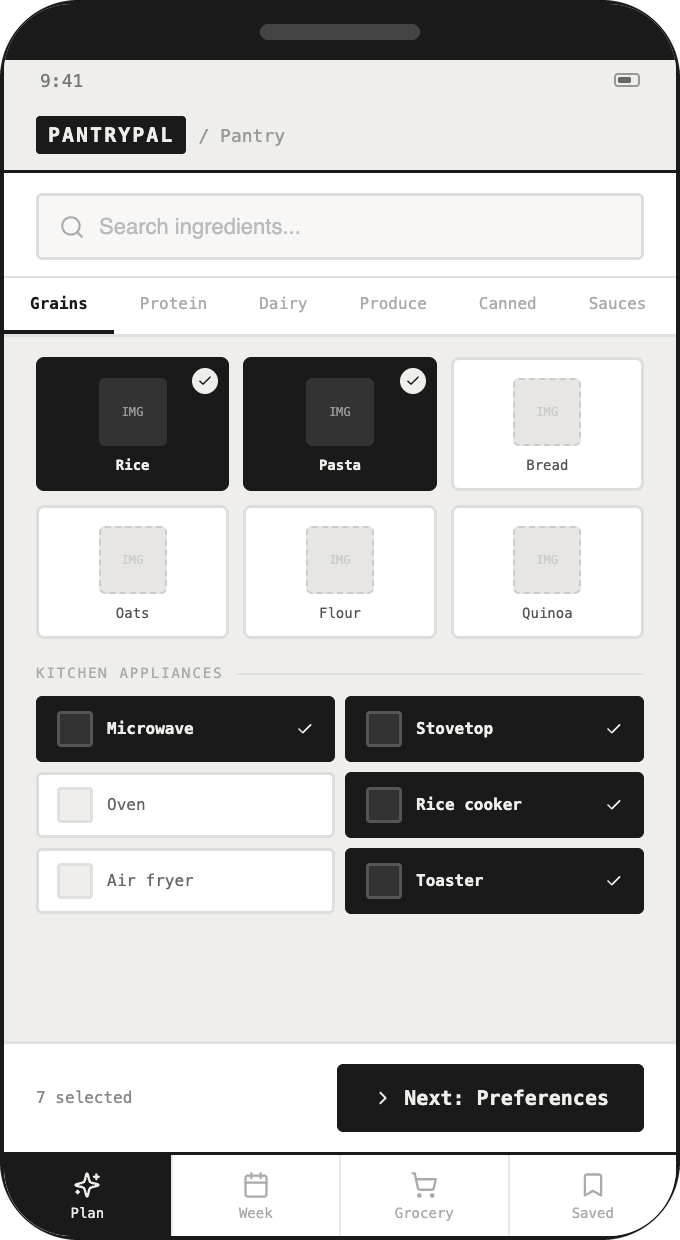 Pantry wireframe detail: Category-tabbed pantry checklist with search