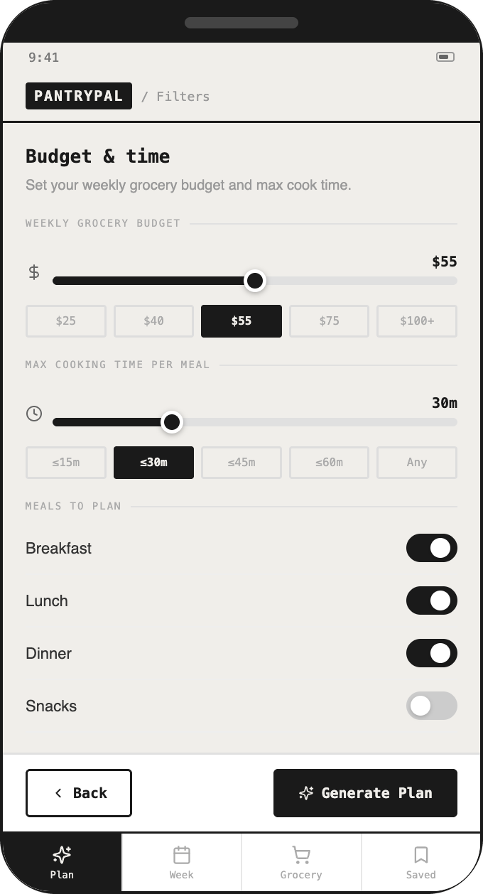 Budget & time wireframe detail: Max cook time per meal + quick-meal preference